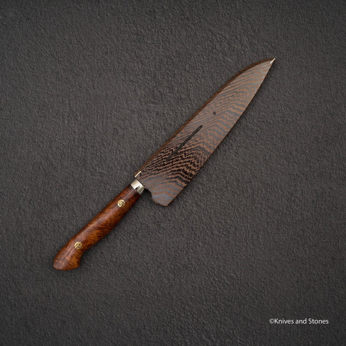 Nigara Anmon (暗紋) SG2 Raindrop Damascus K-tip Petty 150mm Amboyna Burl Western