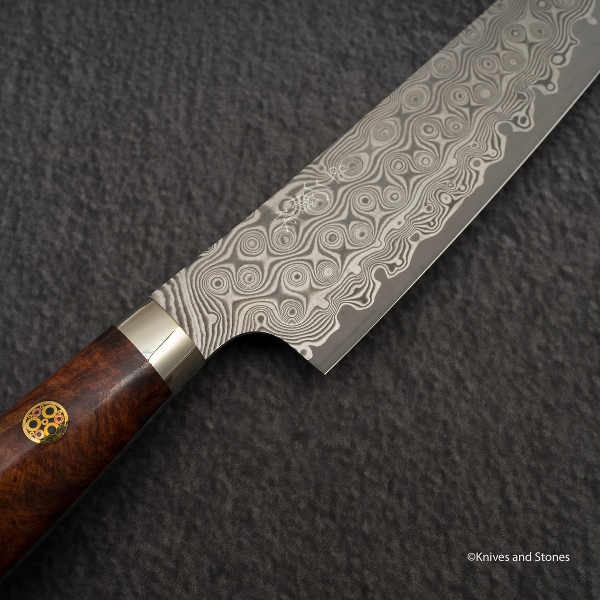 Nigara Anmon (暗紋) SG2 Raindrop Damascus K-tip Petty 150mm Amboyna Burl Western