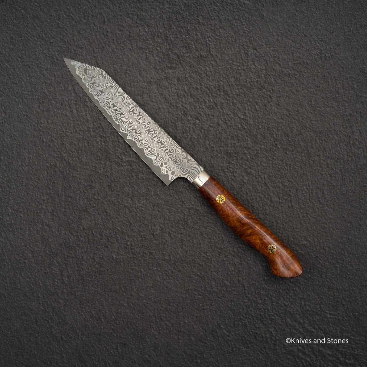 Nigara Anmon (暗紋) SG2 Raindrop Damascus K-tip Petty 150mm Amboyna Burl Western