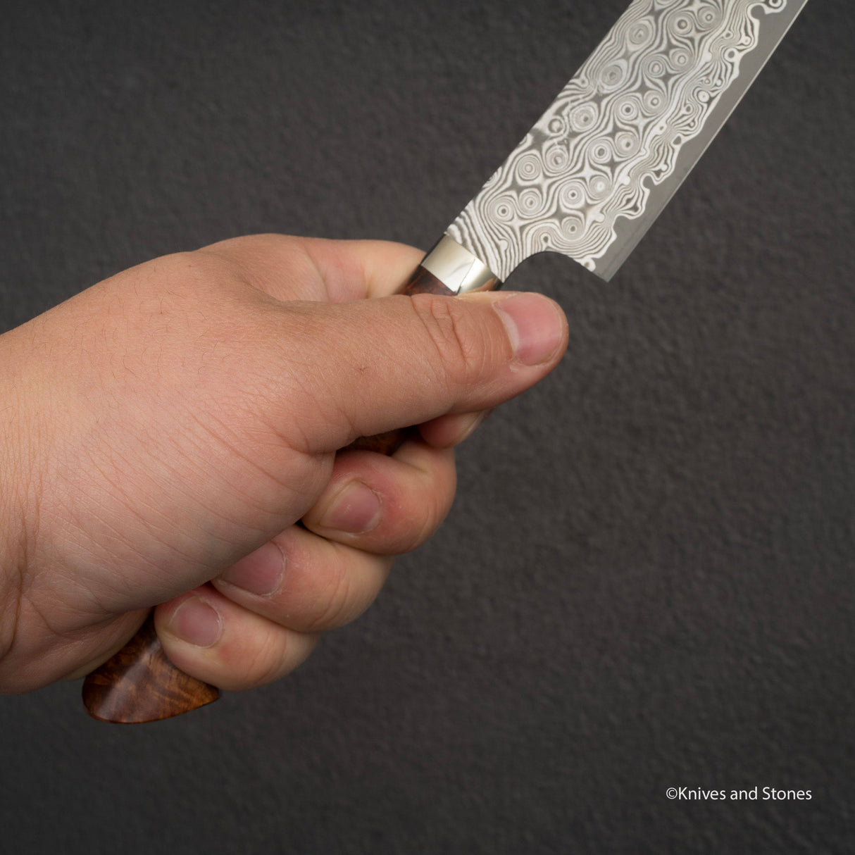 Nigara Anmon (暗紋) SG2 Raindrop Damascus K-tip Petty 150mm Amboyna Burl Western