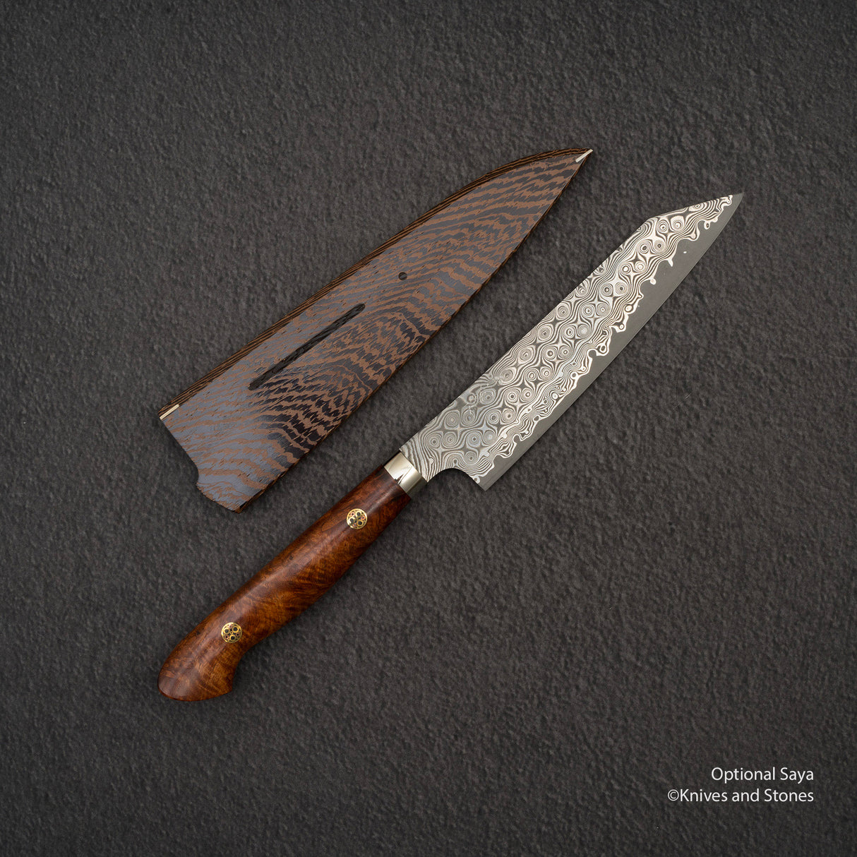 Nigara Anmon (暗紋) SG2 Raindrop Damascus K-tip Petty 150mm Amboyna Burl Western