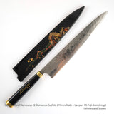 Saji R2 Diamond Damascus Sujihiki 270mm, Mt Fuji Maki-e Lacquered Saya and Handle Set
