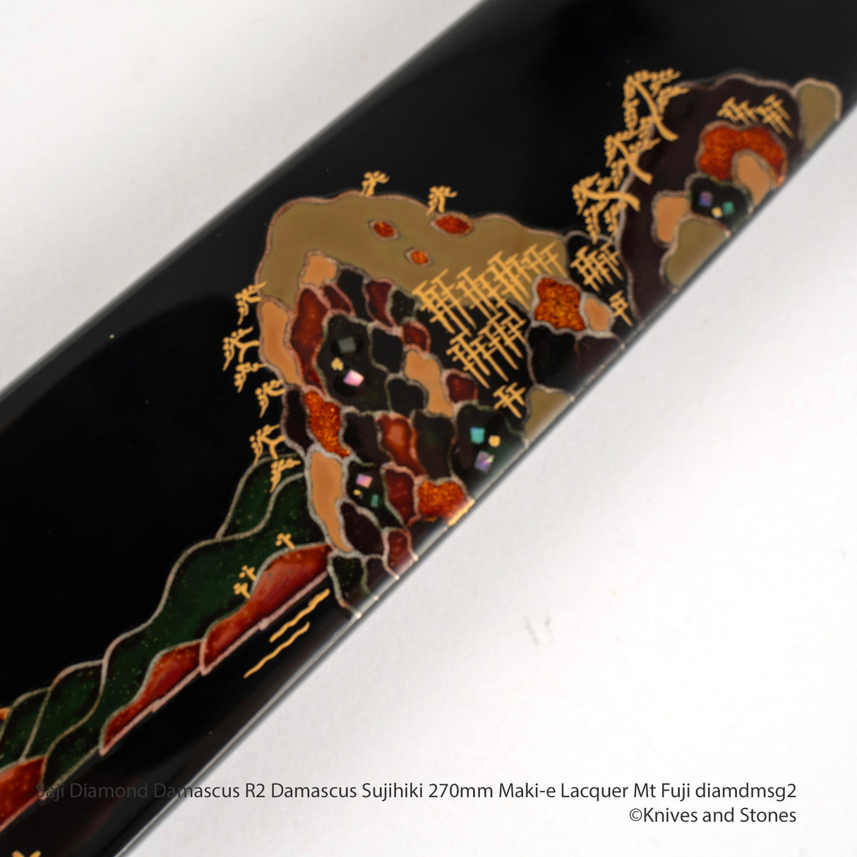 Saji R2 Diamond Damascus Sujihiki 270mm, Mt Fuji Maki-e Lacquered Saya and Handle Set