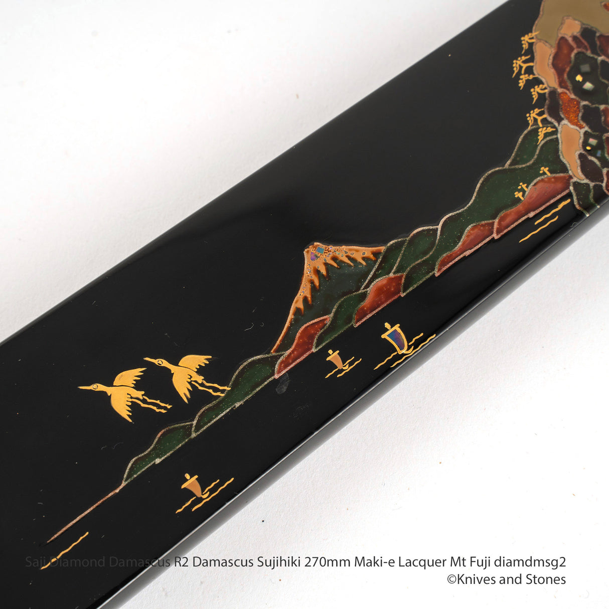 Saji R2 Diamond Damascus Sujihiki 270mm, Mt Fuji Maki-e Lacquered Saya and Handle Set