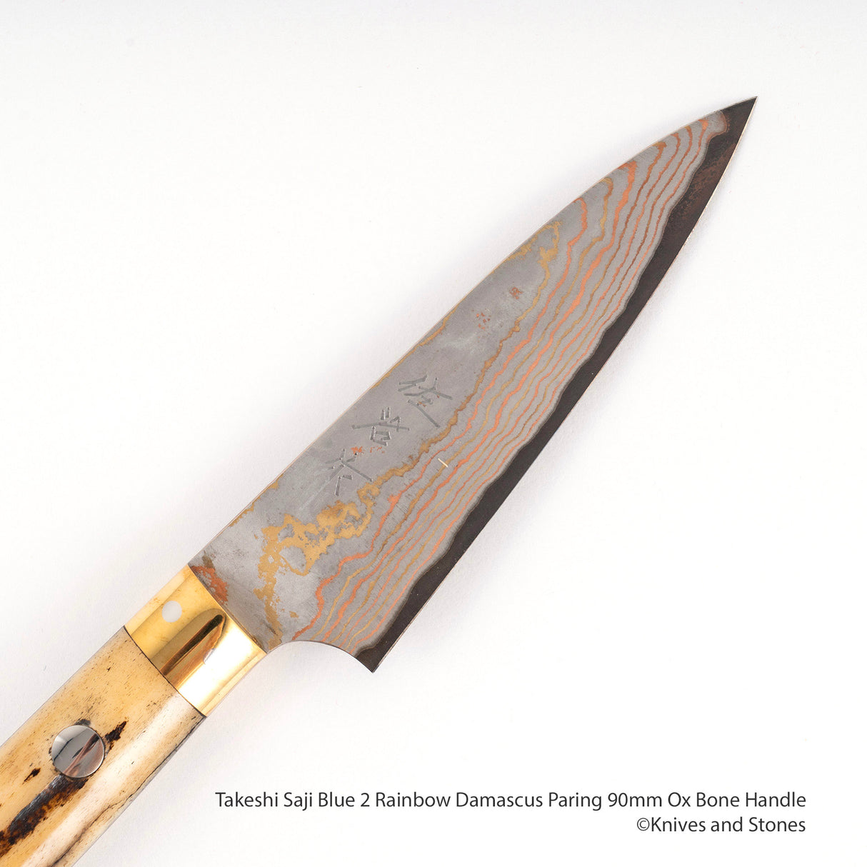Takeshi Saji Blue 2 Rainbow Damascus Petty 90mm Stag Handle