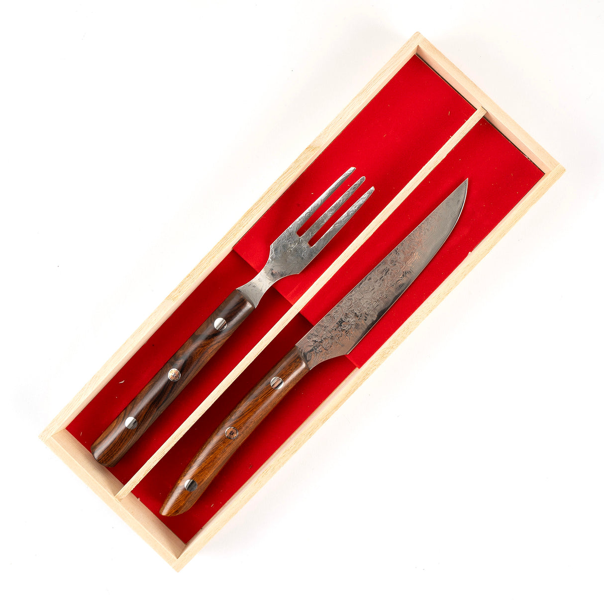 Takeshi Saji Knife and Fork Set Diamond Damascus R2 Ironwood Handle