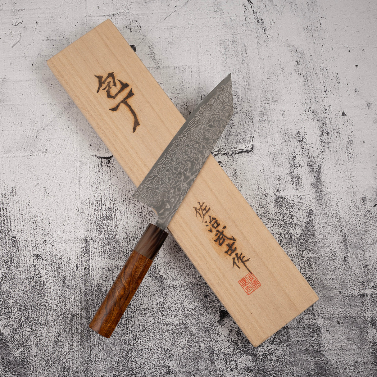 Takeshi Saji SG2 Black Damascus Bunka 180mm Heart-shaped Ironwood Handle