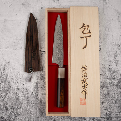 Takeshi Saji SG2 Black Damascus Petty 150mm Heart-shaped Ironwood Handle