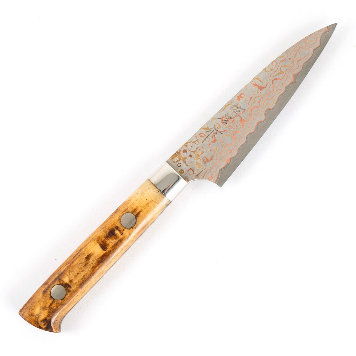 Takeshi Saji VG10 Multi-colored Golden Damascus Petty 90mm with Stag Handle