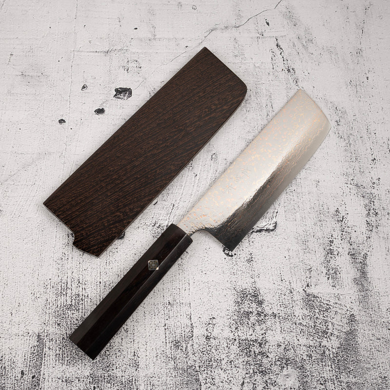 Takeshi Saji VG10 Rainbow Damascus Nakiri 165mm Ebony Handle Mosaic Pin