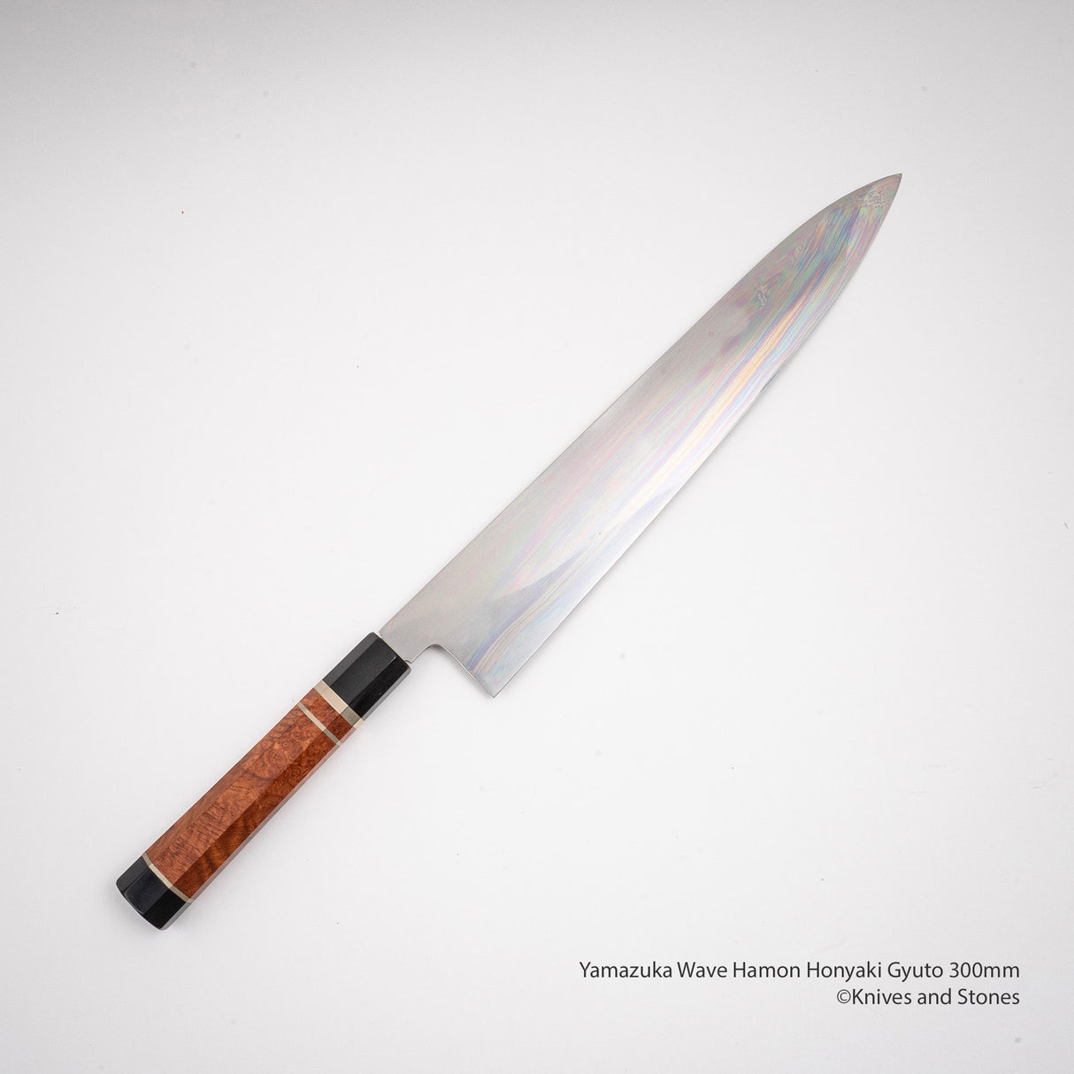 Yamatsuka White Steel Honyaki Gyuto 300mm with Triple Spacer Amboyna Burl Handle