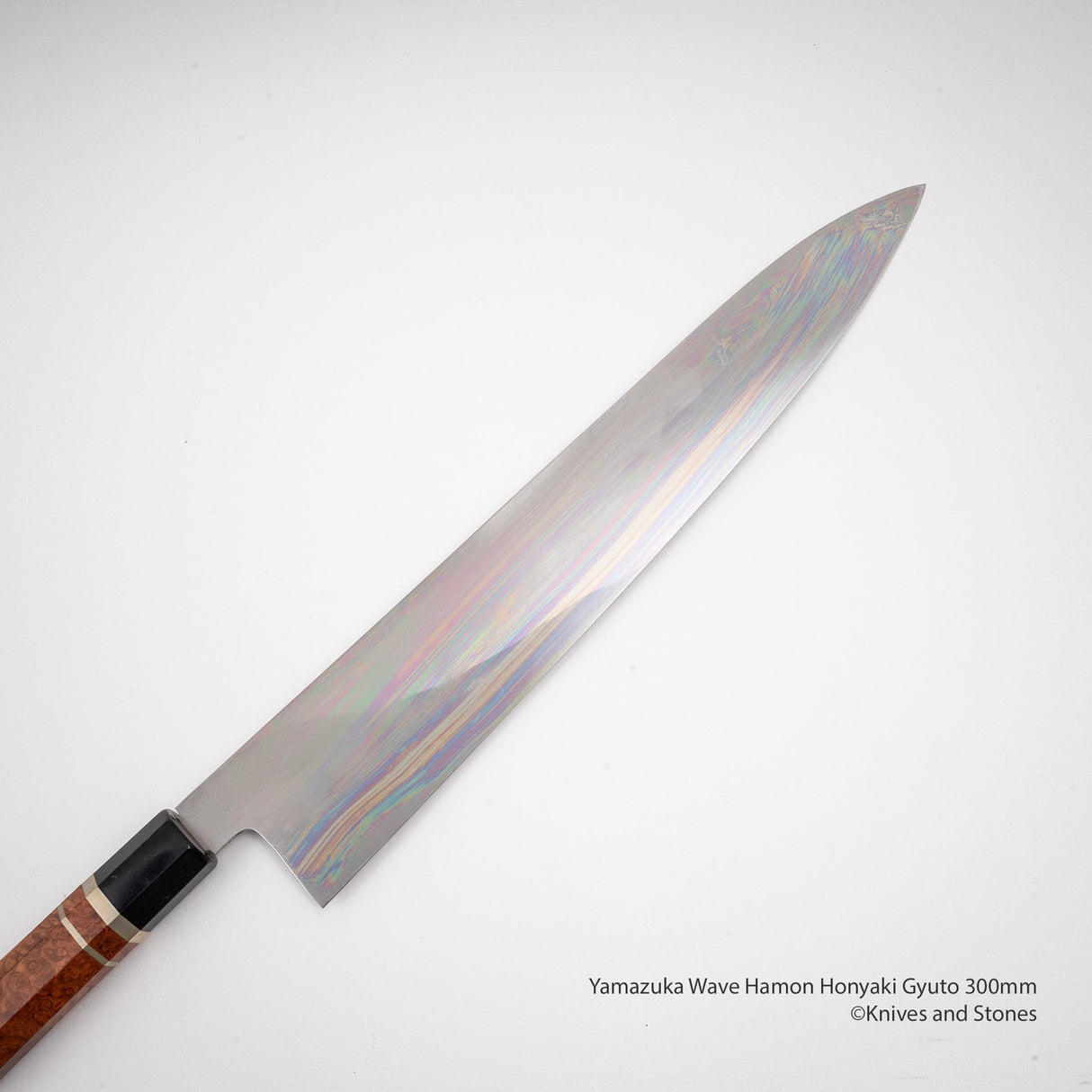 Yamatsuka White Steel Honyaki Gyuto 300mm with Triple Spacer Amboyna Burl Handle