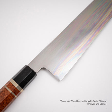 Yamatsuka White Steel Honyaki Gyuto 300mm with Triple Spacer Amboyna Burl Handle