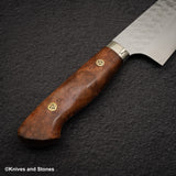 Yoshimi Kato SG2 Minamo Gyuto 210mm Amboyna Burl Western, Shikakkei Tsuchime