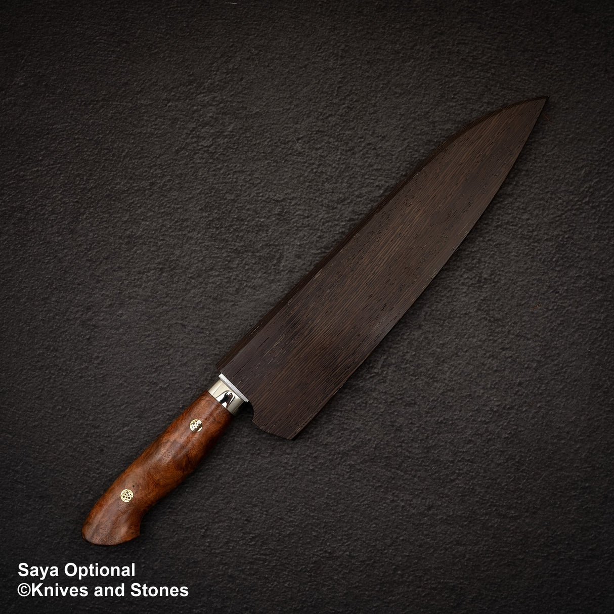 Yoshimi Kato SG2 Minamo Gyuto 210mm Amboyna Burl Western, Shikakkei Tsuchime