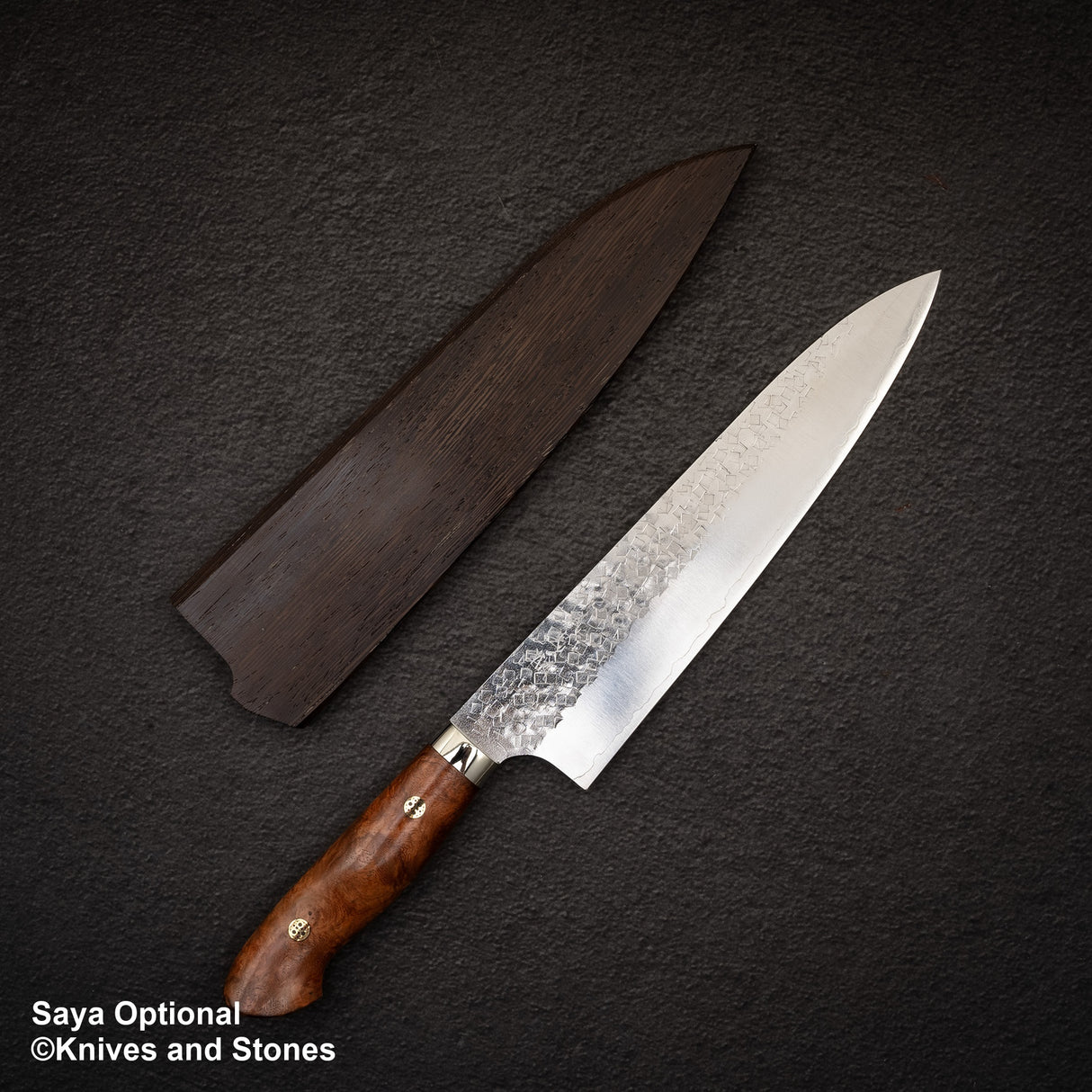 Yoshimi Kato SG2 Minamo Gyuto 210mm Amboyna Burl Western, Shikakkei Tsuchime