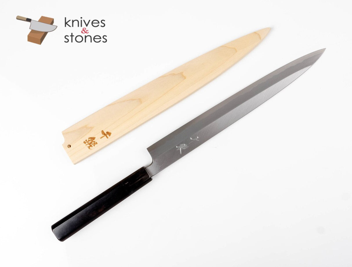 Sentan (千鍛) White 2 Yanagiba for Left Hander with Ebony Handle and Ho wood Saya, by Yamawaki Hamono