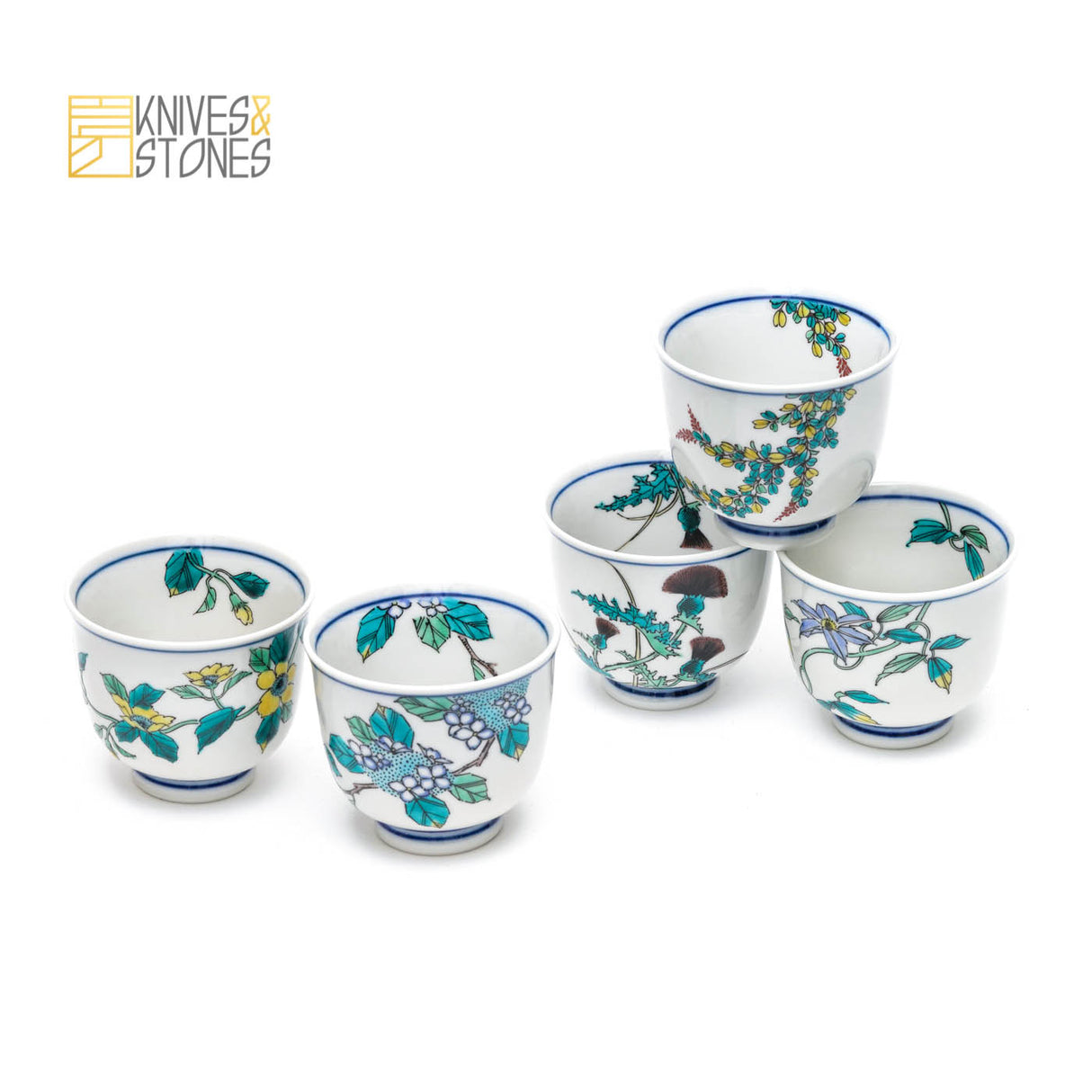 Tea Cup "Five Floral" Set of 5 Kutani Ware
